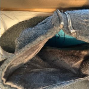 Blowfish  boots. These are Grey Jean looking material. Heal boots